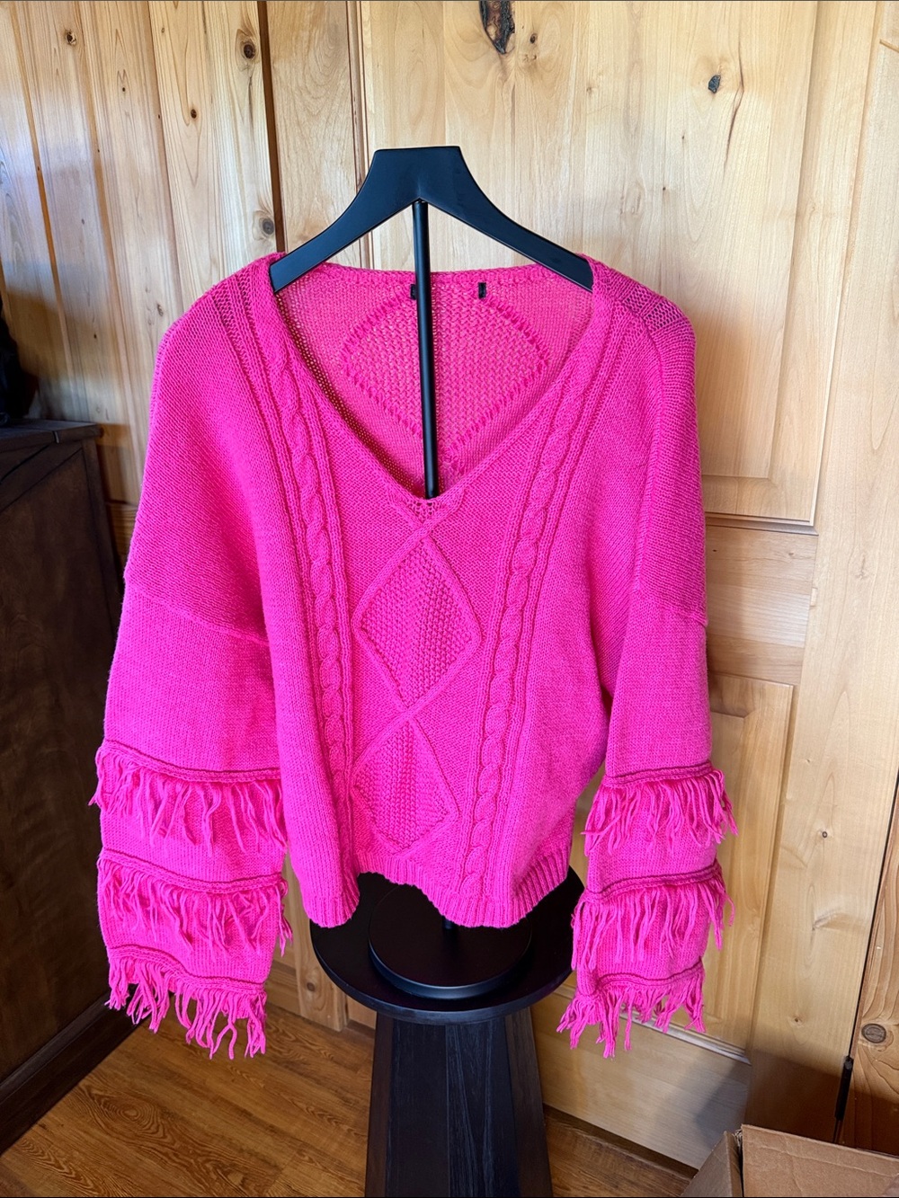 Vibrant Pink Fringe Cable-Knit V-Neck Sweater